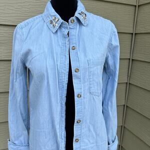 SO PERFECT SHIRT, women's size S, Relaxed, rhinestones on collar tip, denim